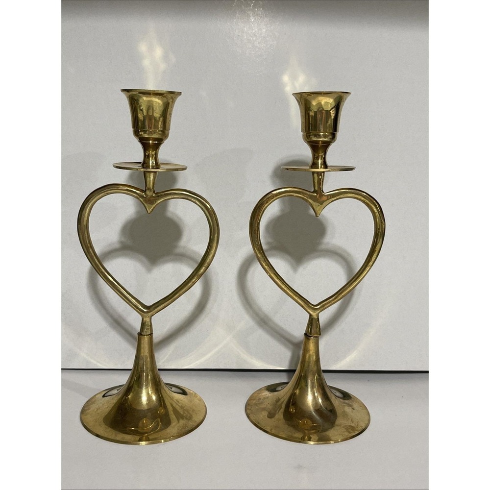 Vintage Solid Brass Candlesticks Set Of 2 Heart Hosley International India Decor